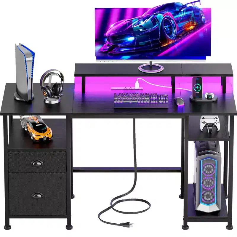 51 Inch Black Reversible Computer Gaming Desk with Monitor Stand File Cabinet Storage Shelves LED Power Outlets for Home Office PC Workstation Table