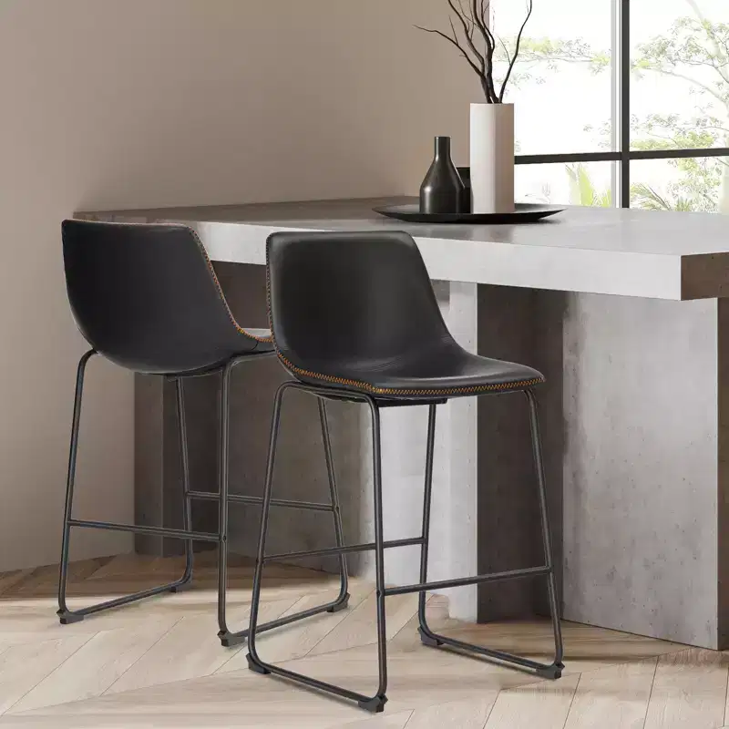 Okak Set of 2 Industrial Upholstered Bar Stools with Metal Legs & Footstools,Armless Faux Leather Counter Chairs for Dining Rooms