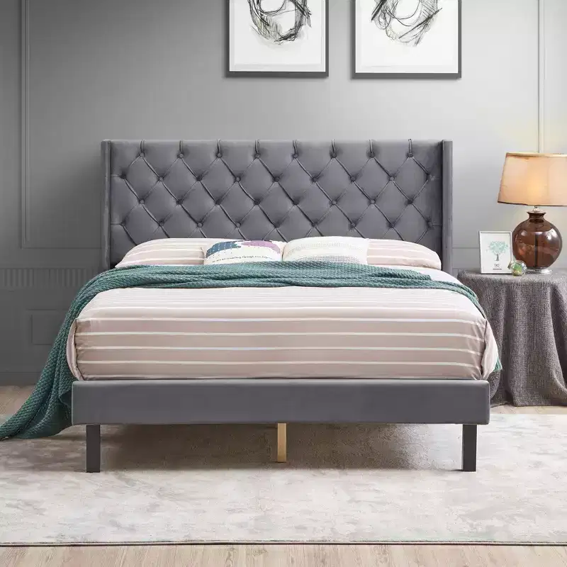 Queen Size Velvet Button Tufted Upholstered Platform Bed, Gray - ModernLuxe