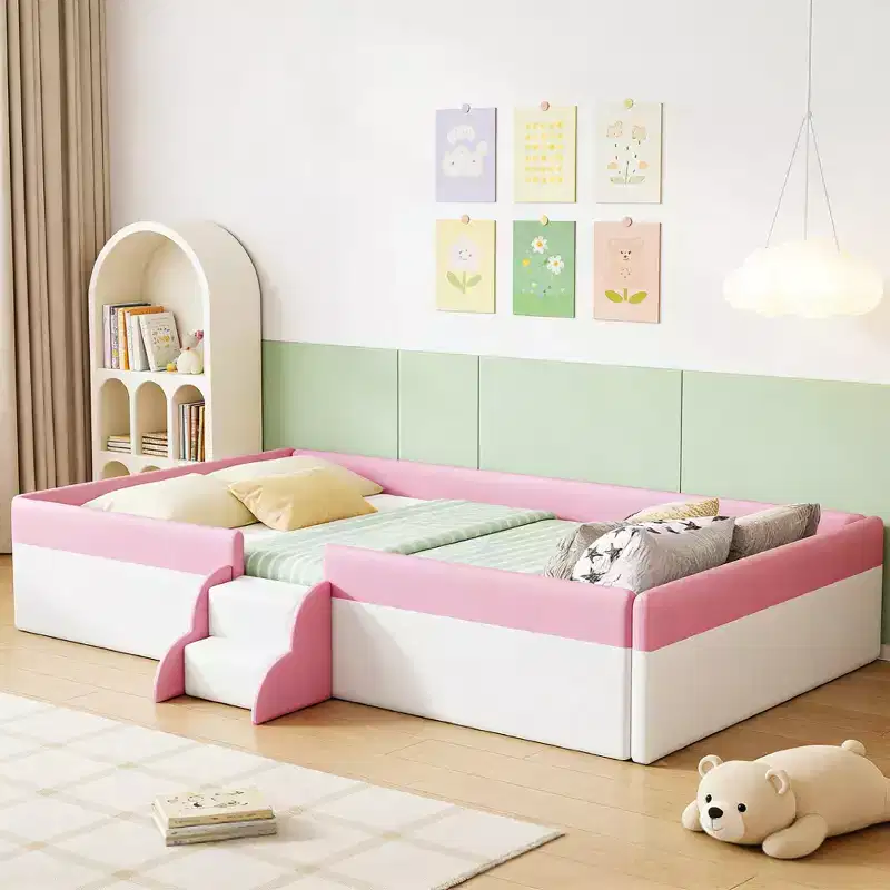 Twin Size Upholstered Daybed Frame with Fence and Stairs for Kids Room, Pink+White