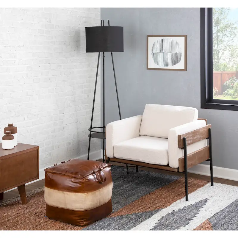 Leather & Canvas Pouf Ottoman – Brown/Tan, Black/Grey, Espresso/Tan – 1 Person