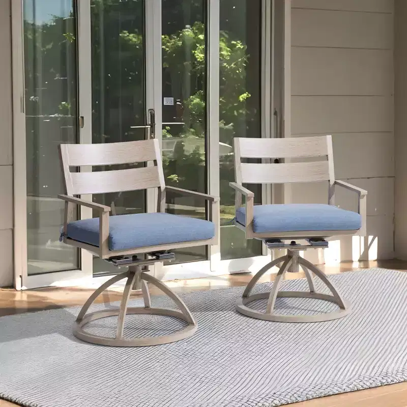 Crestlive Products Patio 2pc 360 Swivel Outdoor Dining Chairs Aluminum Frame, Wood Grain Finish with Sunbrella Cushion