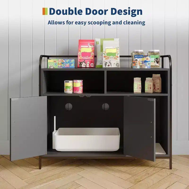 Hidden Cat Litter Box Furniture with Storage Shelves, Modern Metal Frame Cat House Cabinet and Side Table for Indoor Use