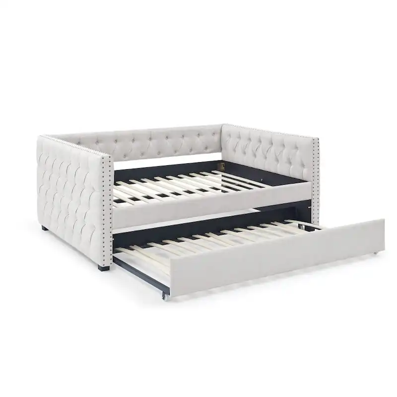 Full Daybed with Trundle Upholstered Tufted Sofa Bed, with Button and Copper Nail on Square Arms