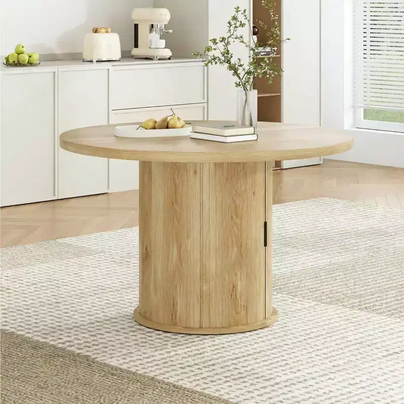 43 Round Wood Dining Table for 4 with Sturdy Metal Base, Modern Kitchen Table