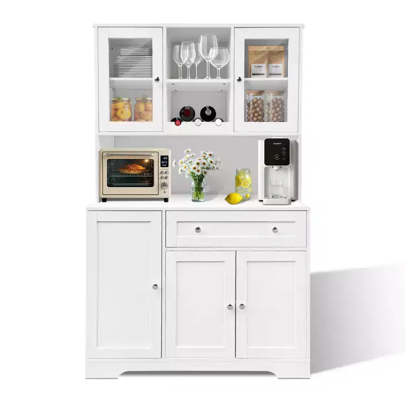 Storage cabinet with wine rack, drawers, door shelves, and modern glass display case; dining room sideboard with microwave shelf.