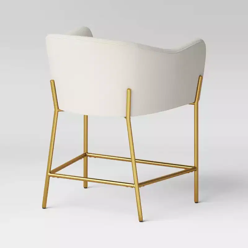 Counter Height Barrel Barstool – Cream Boucle, Brass Legs, Cushioned Seat & Back