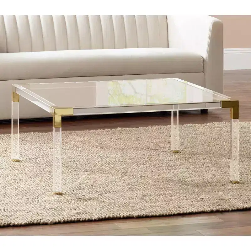 55 Downing Street Hanna Modern Cast Acrylic Square Coffee Table 40 Wide Clear Gold Tempered Glass Tabletop for Living Room Bedroom Bedside Entryway