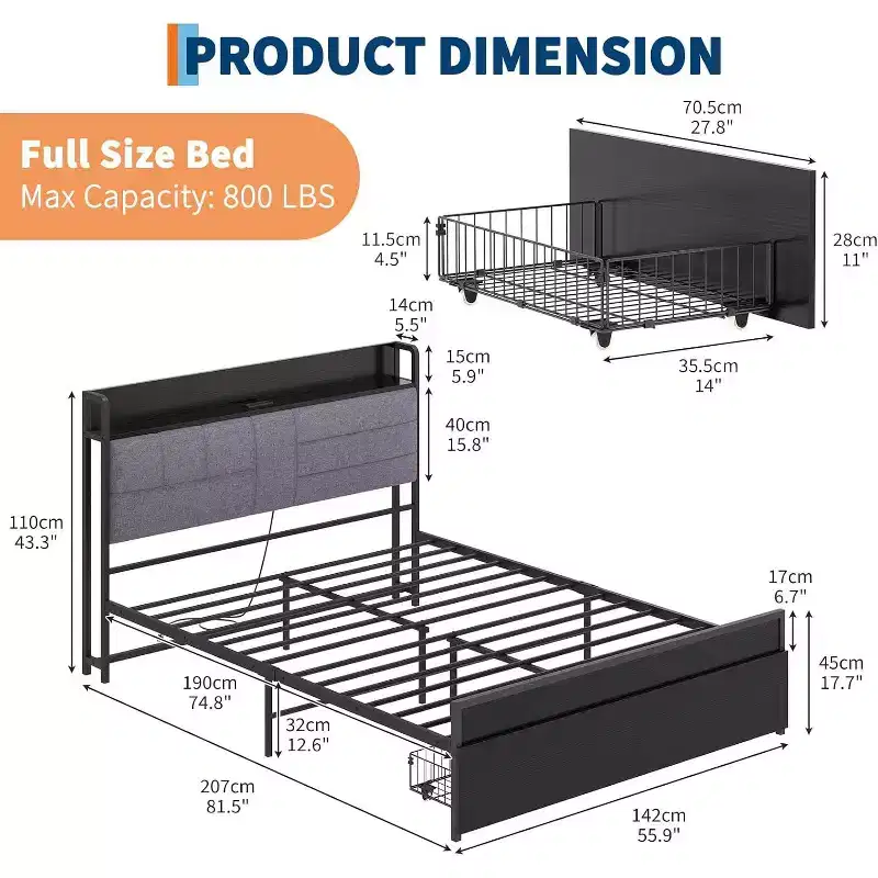 Full Bed Frame with Storage Drawers, Grey Upholstered Headboard Bed with 2-Tier Storage Shelf, Black Metal Platform Bed Frame, No Box Spring Needed