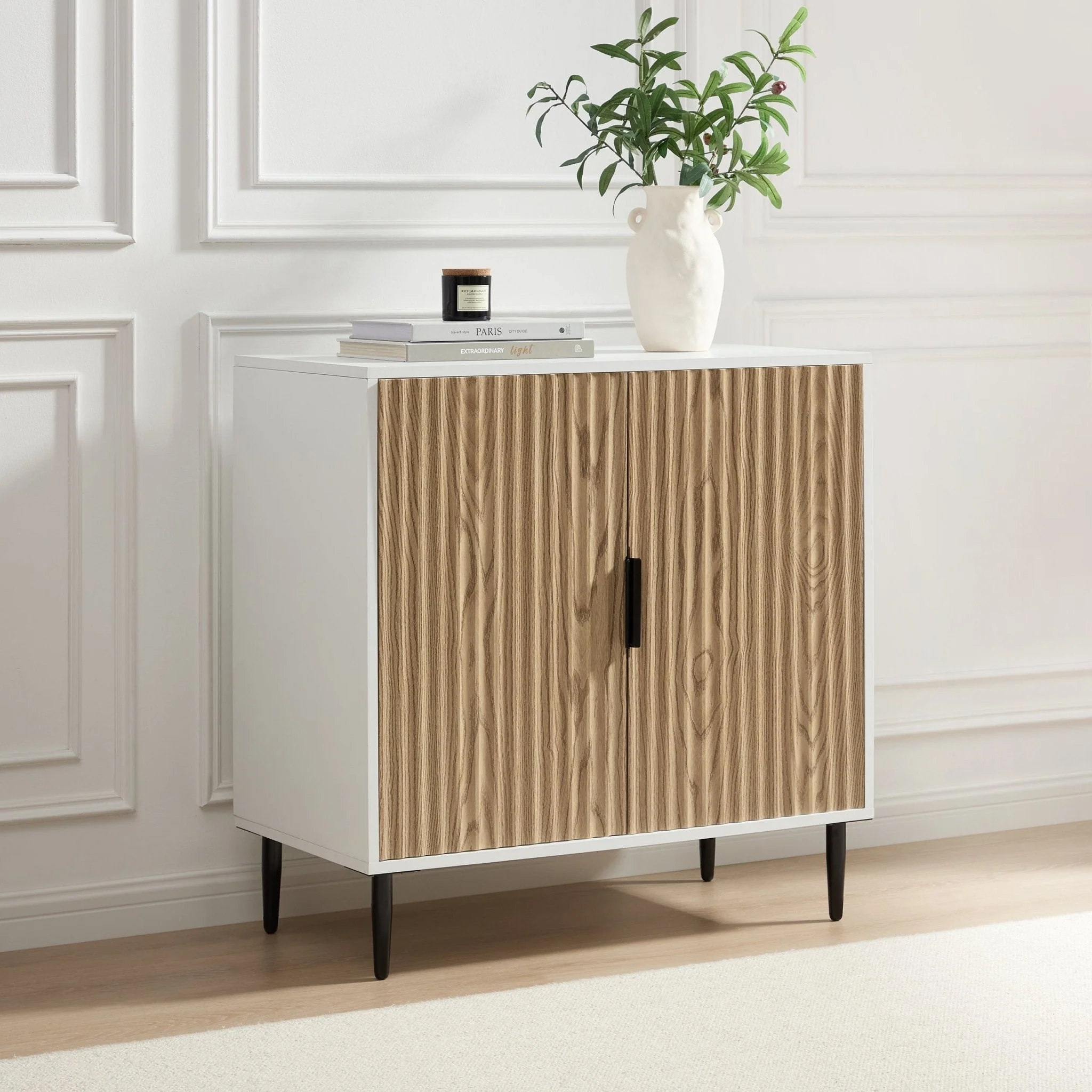 Contemporary White Wood Effect Compact Sideboard with Gold Accents for Living Room