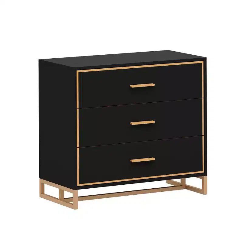 3-Drawer Modern Nightstand with Open Metal Frame, Black & Gold Finish, 28.7