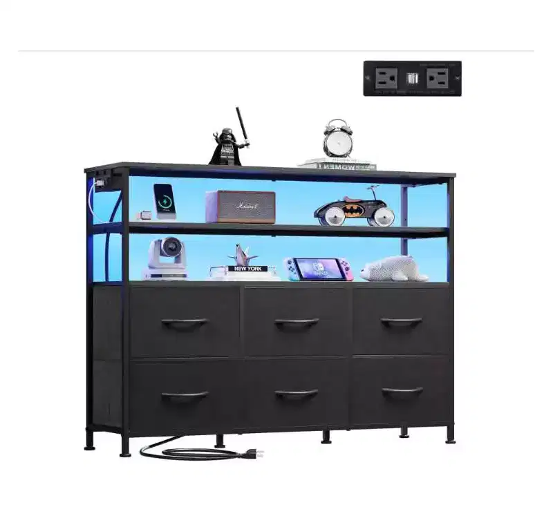 39-Inch TV Stand for 45-Inch TVs, RGB LED Charging Station 6 Fabric Drawers