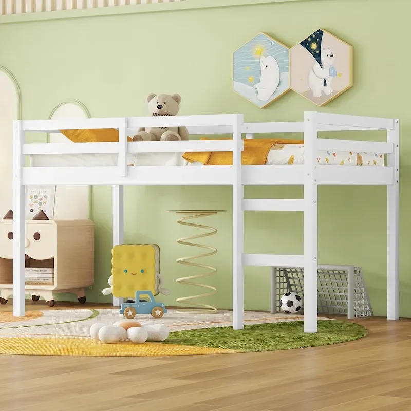 Solid Wooden,Rubber Wooden Twin Loft Bed with Ladder,Bed Platform of Strengthened Slats