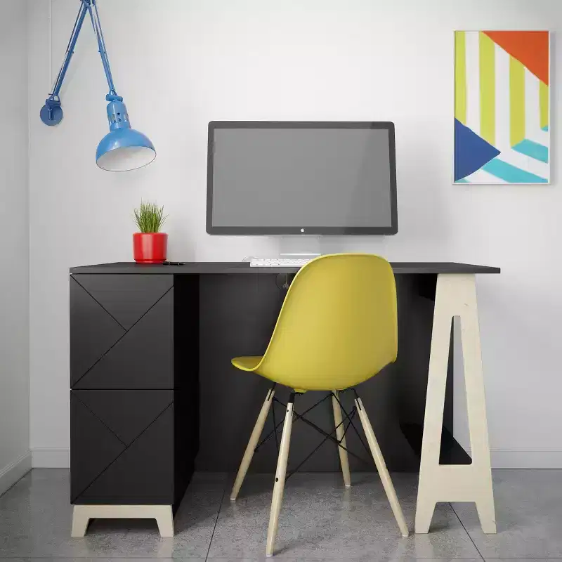 Nexera Atypik 2 Drawer Desk Black/Birch Plywood: Lacquered MDF, Open Storage Shelf, Adult Assembly Required