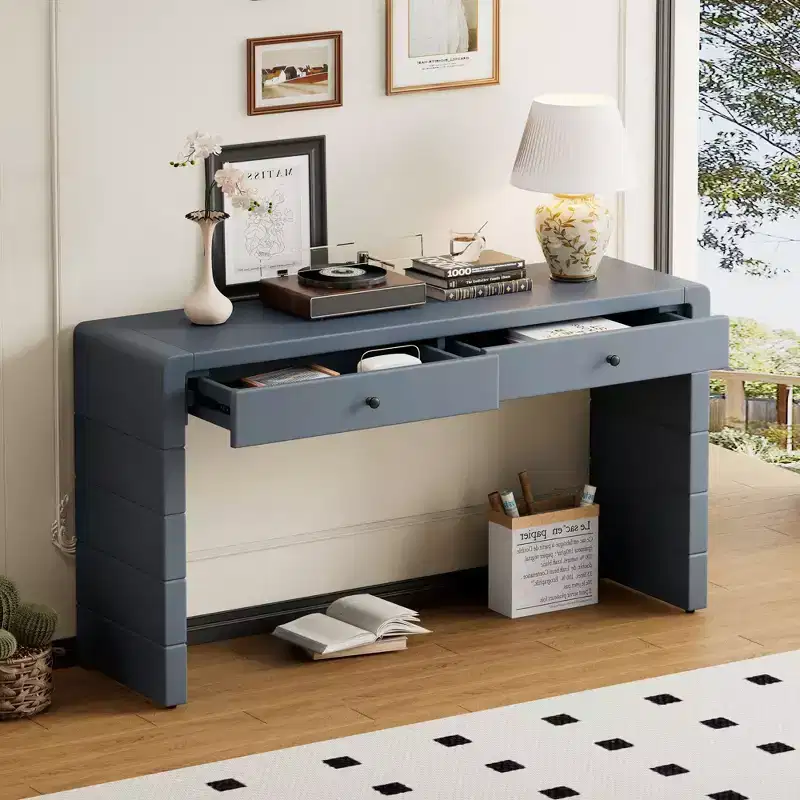 Okak 55IN Farmhouse Console Table with Safety Curved Corner, Entry Table with 2 Drawers, Accent Table for Hallway, Living Room