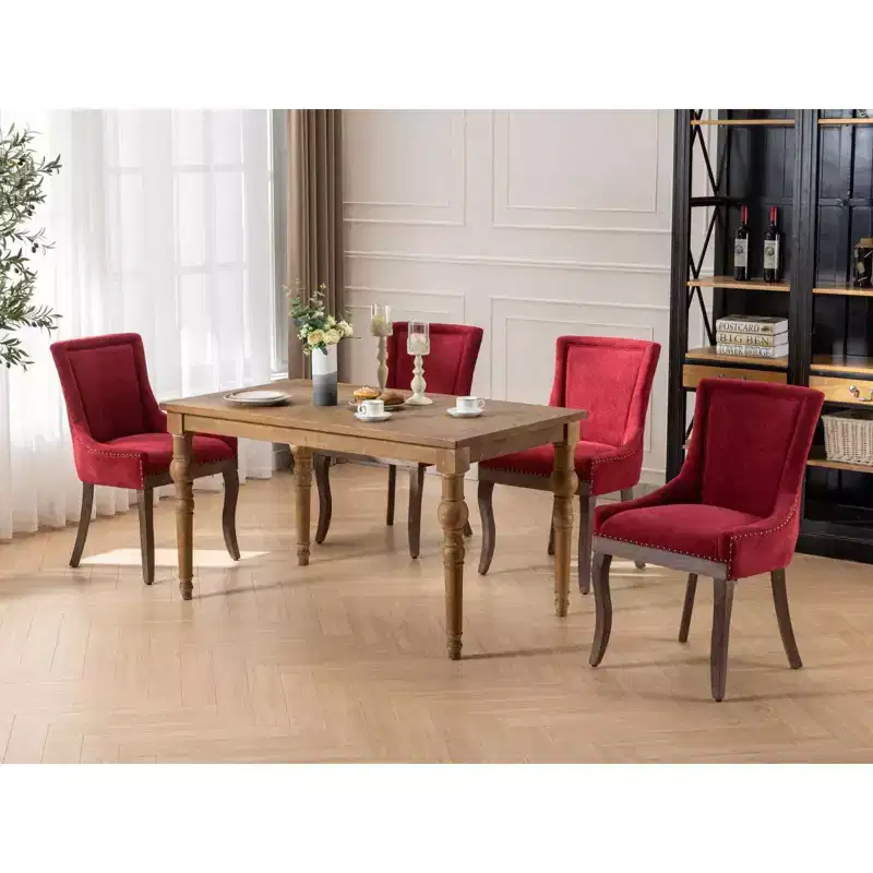 Okak Retro Dining Chairs Set of 2, Comfy Fabric Chairs with Thick Cushions, Kitchen Side Chairs with Solid Wood Legs Bronze Nail Head