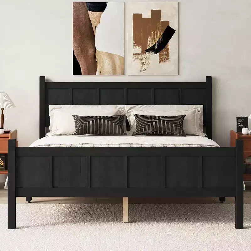 Queen Flat Panel Platform Bed with Headboard and Footboard, Wood Grain Shaker Farmhouse Bed Frame, Black