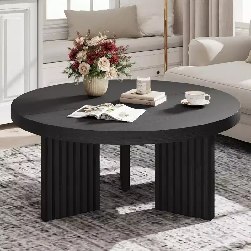 33.4 Inch Small Round Coffee Table with Thick Top Fluted Legs Accent Center Table for Living Room Bedroom, Easy Assembly