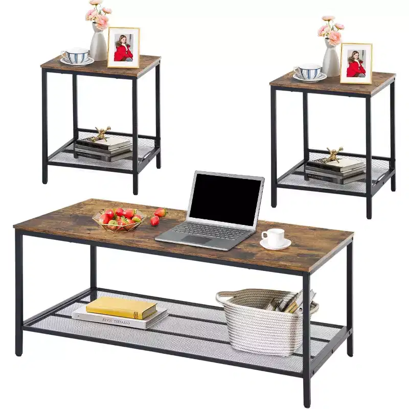 FurnitureR 3 Piece Industrial Coffee Table Set with Storage Shelf, Rustic Living Room Table Set,Includes 1 Coffee Table and 2 End Tables for Sofa Side