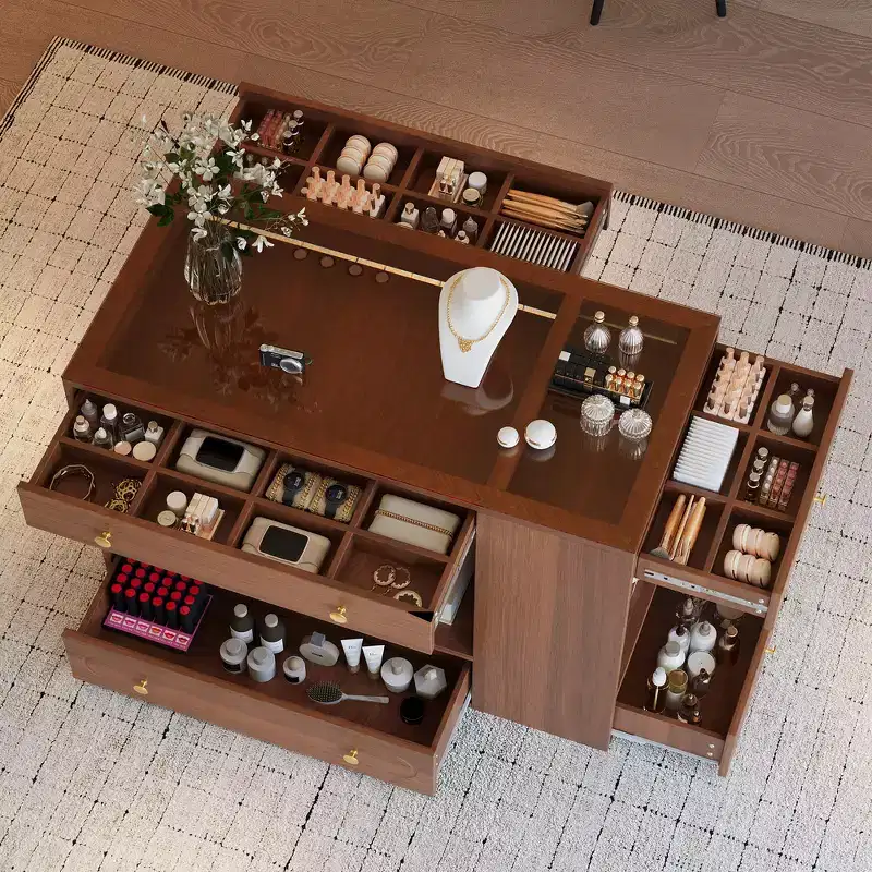Wood & MDF Closet Island with Glass Top, 6 Drawers and Open Shelves, 47.3
