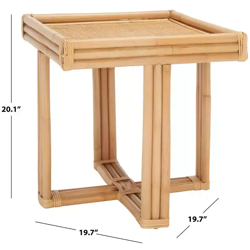 Square Rattan Accent Side Table, Natural Coastal Tray-Top End Table, No Assembly