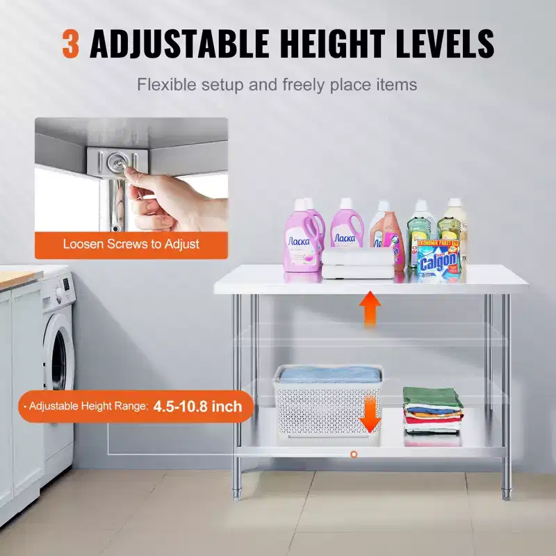 Stainless Steel Prep Table 24x48 Inch – 800 lbs Capacity, 3 Adjustable Heights