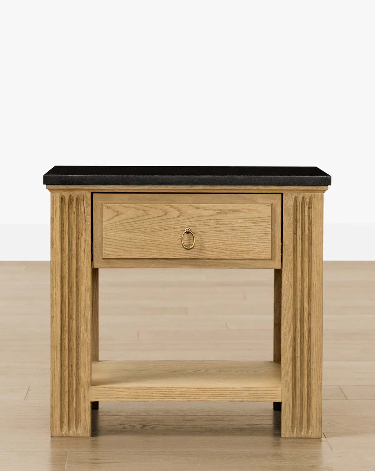 Vintage Drift Oak Nightstand with Granite Top & Fluted Detail for Bedroom