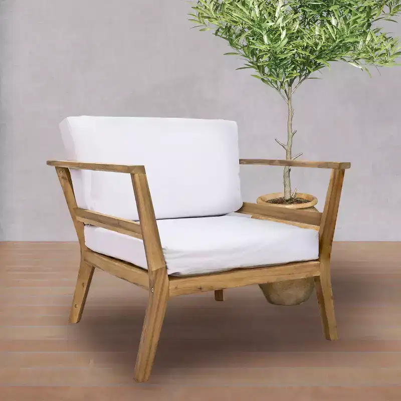 Sunnydaze Bodie Acacia Wood Patio Armchair with Bone White Cushions - Natural