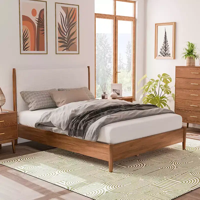 Mid-Century Modern Platform Bed with Boucle Headboard