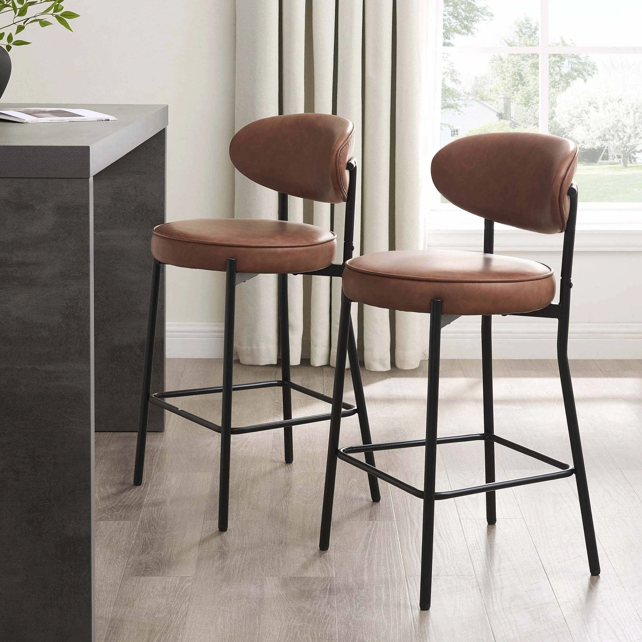 Modern Tan Faux Leather Barstool with Rounded Back for Kitchen