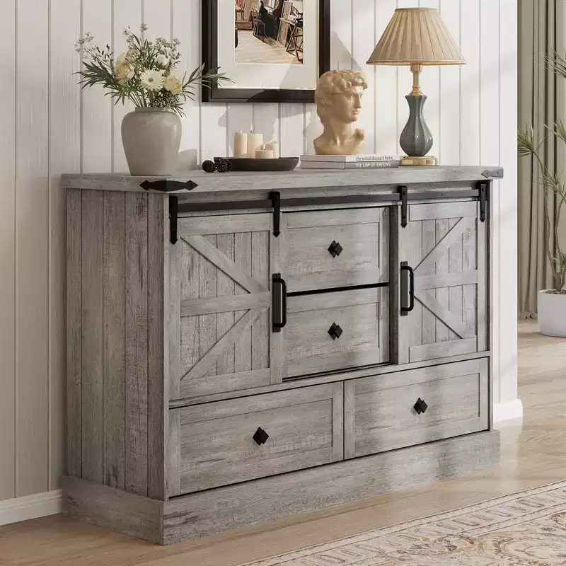 4-Drawer Dresser with Sliding Barn Doors & Adjustable Shelves