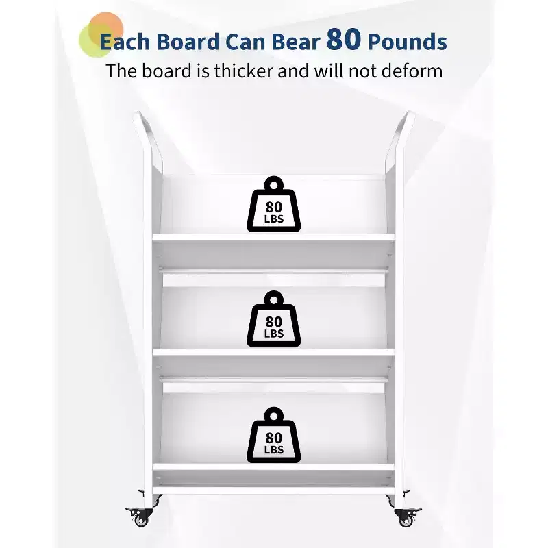 Book Cart with Wheels, Heavy-Duty Mobile Bookshelf Organizer, Single Sided V-Shaped Rolling Library Cart for Office School Home, White