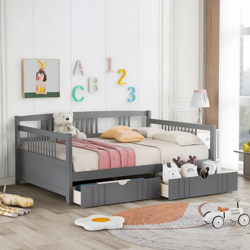 Full Size Daybed Wood Bed with Two Drawers