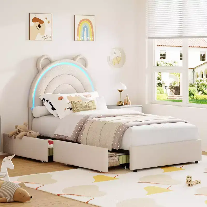 Upholstered Platform Bed w/ Storage Drawers & Decorative Headboard, Sturdy Wood Slat Support, No Box Spring Needed, Easy Assembly