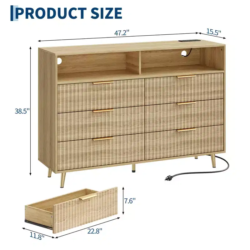 47.2 Wide Drawers Dresser with Gold Handle, Lights and Charging Station for Bedroom