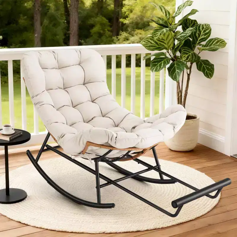 Oversized Rattan Rocking Chair, Extendable Footrest, Sturdy Metal Frame, Comfortable Reclining Lounge Chair for Porch, Lawn, Garden, Bedroom