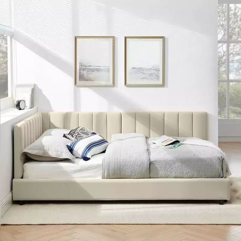 MAYEERTY Full Size Upholstered Tufted Bed Frame with Backrest and Armrests for Bedroom Beige