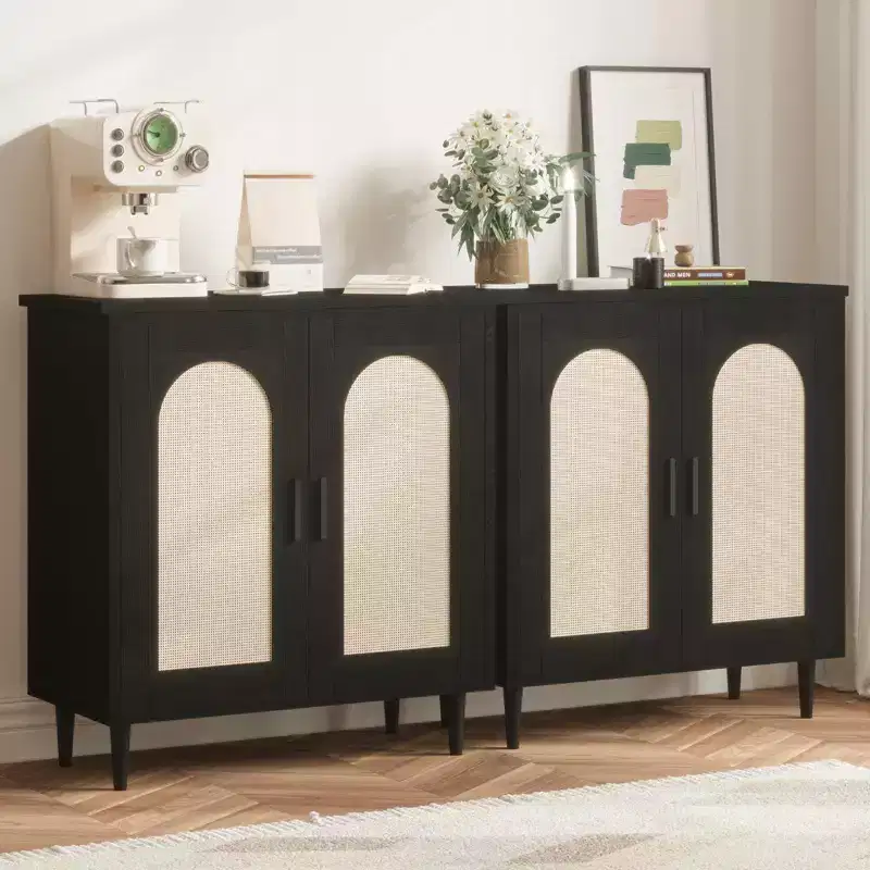 30.51 Sideboard Buffet Cabinet with Rattan, Solid Wood Feet, Kitchen and Living Room Storage with Ample Space