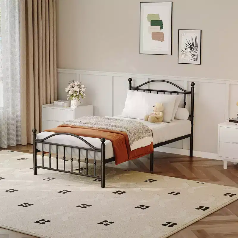 Metal Platform Bed Frame with Wrought Iron, Art Headboard and Footboard, Mattress Foundation, Under Bed Storage, No Box Spring Required