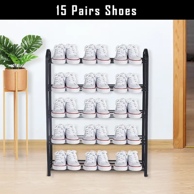 5-Tier Stackable Shoe Rack, 15-Pairs Sturdy Shoe Shelf Storage , Black Shoe Tower