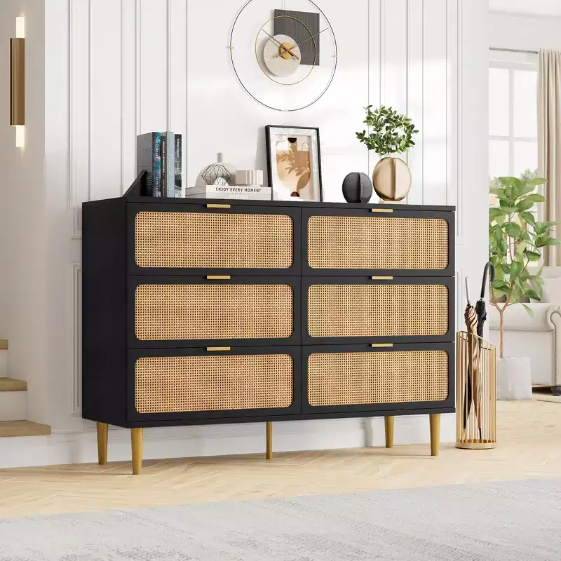 Rattan 6-Drawer Dresser for Bedroom, Large Wooden Chest with Deep Drawers, Wide Top Storage for Closet, Living Room, Hallway
