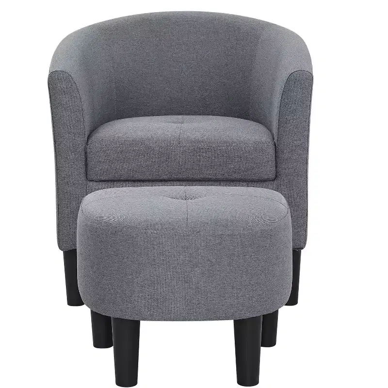 Barrel Chair and Ottoman, Polyester Upholstered Accent Chair with Tufted Cushion, Black Plastic Legs, Classic Round Back Chair for Living Room
