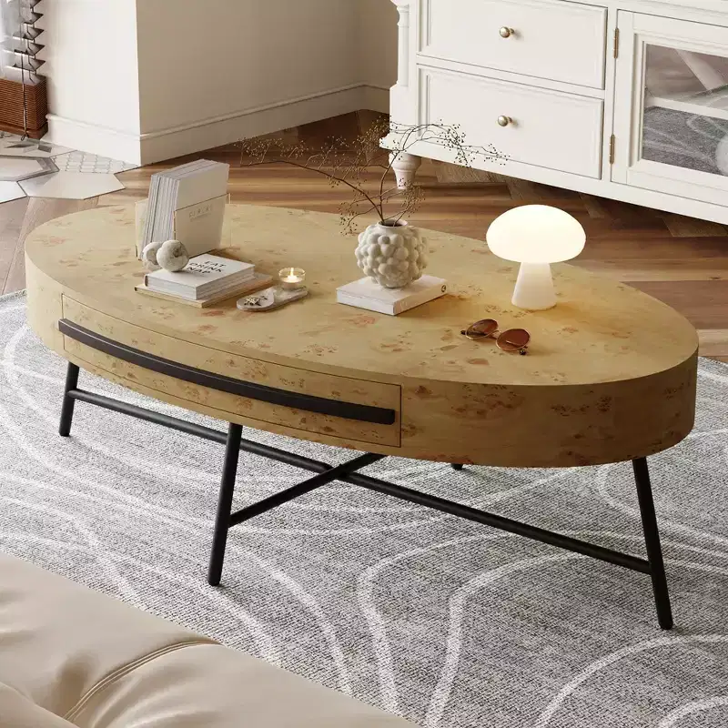 Oval Coffee Table with Drawers, 47.2 Inch, Cross-Shaped Metal Legs, Brown