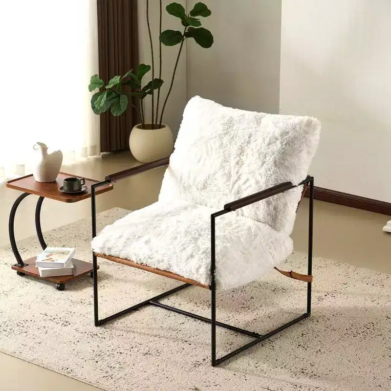 Plush Rabbit Fur Lazy Lounge Chair with Rubber Wood Arms & Iron Frame