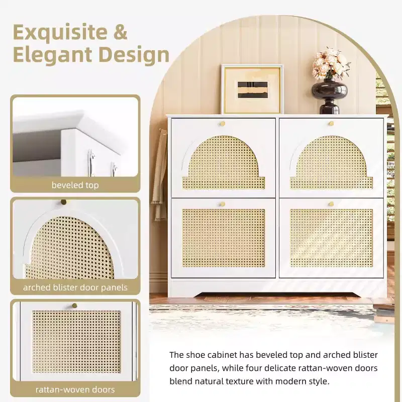 Mid-Century Entryway Shoe Cabinet with 4 Rattan Flip Drawers & Hooks
