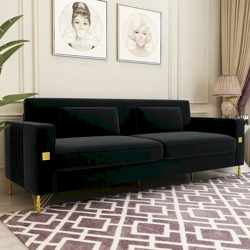 Modern Tufted Velvet Loveseat Upholstered Sofa with Removable Cushions and Pillows - 85.63 in.D x 30.31 in.W x 30.51 in.H