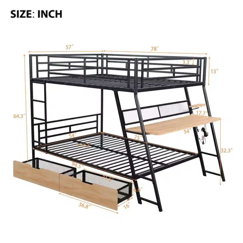 Full Size Metal Full Size Bunk Bed with Desk, Full over Full Heavy Duty Metal Bunk Bed with Light and 2 Drawers, Black