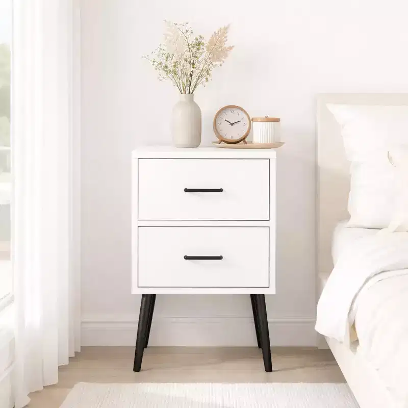 2-Drawer Nightstand with Metal Legs and Metal Handles, Modern White Bedside Table, Small End Table for Bedroom, Living Room or Apartment