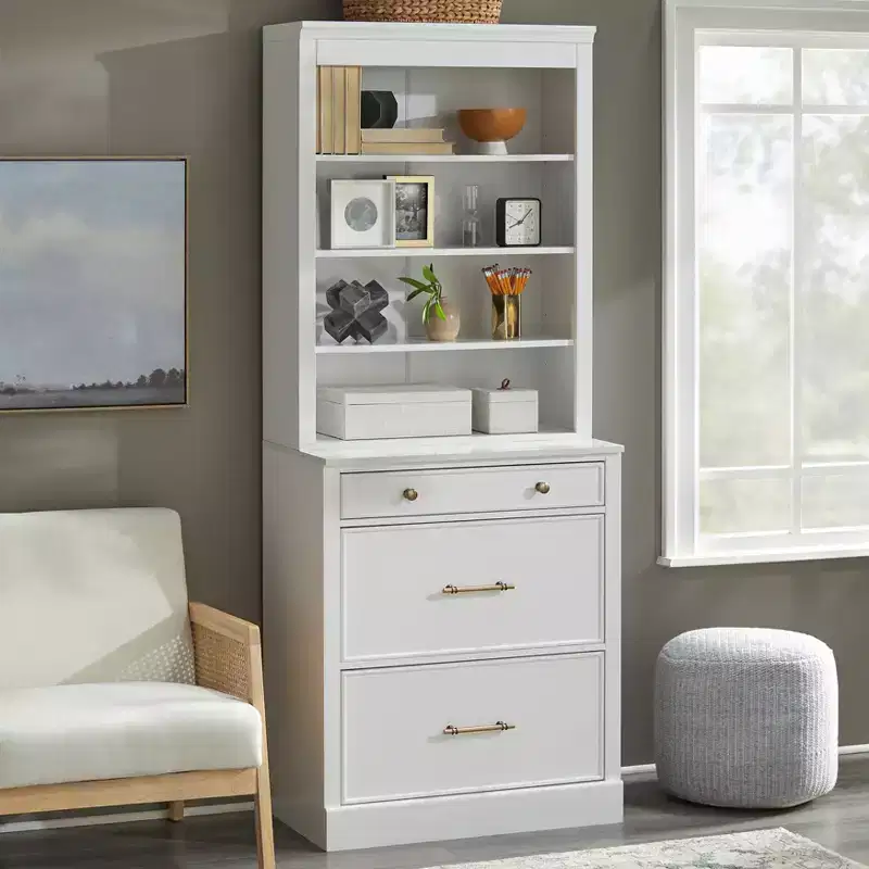 Lifestorey 2pc Harrington Modular Faux Marble Office Cabinet Set Hutch White: Farmhouse Style, Faux Marble Surface, MDF Construction