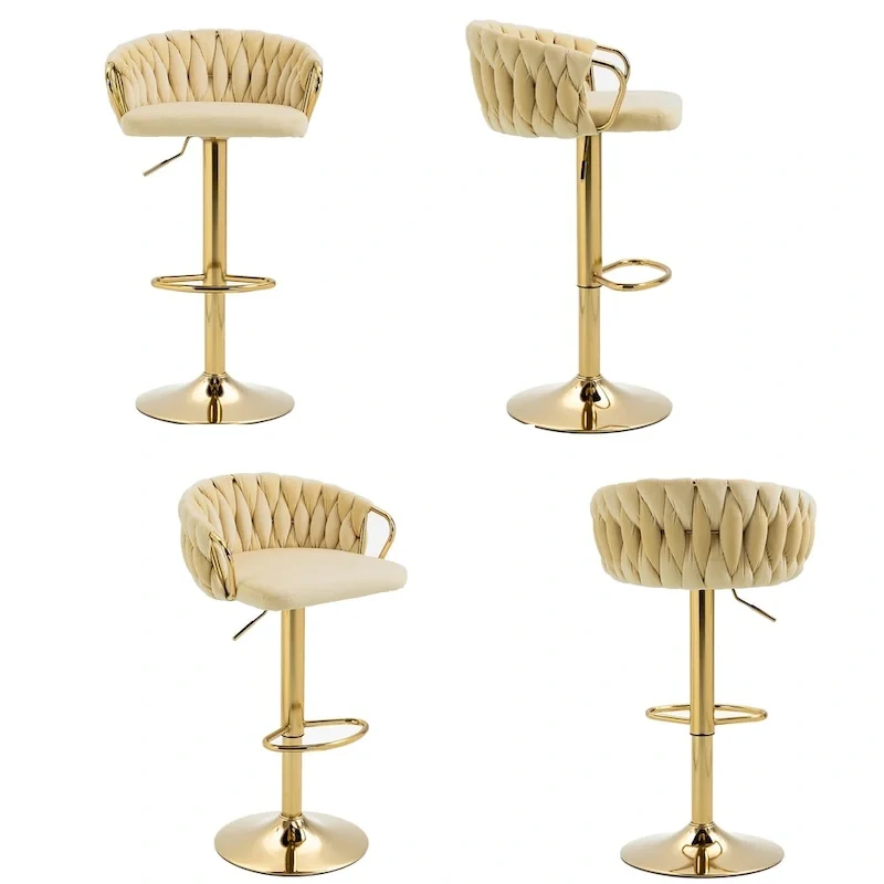 Set of 4 Bar Stool Adjustable Height Swivel Velvet Woven